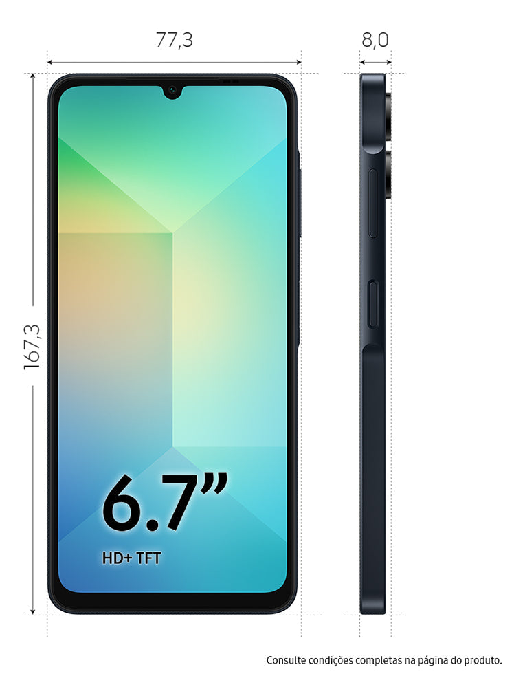 Smartphone Samsung Galaxy A06 4G 128GB 4GB RAM Dual Chip Câmera Traseira 50+2MP Frontal 8MP Tela 6,7" Android 14.0 Azul Escuro