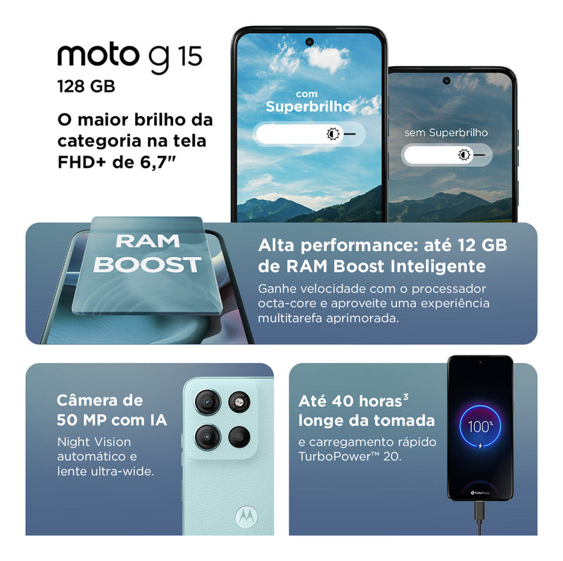 Smartphone Motorola Moto G15 - 128gb 12gb (4gb Ram+8gb Ram Boost) E Camera 50mp Com Ai E Night Vision Bateria De 5200 Mah Tela Fhd+ 6.7 Com Superbrilho Nfc Azul Escuro